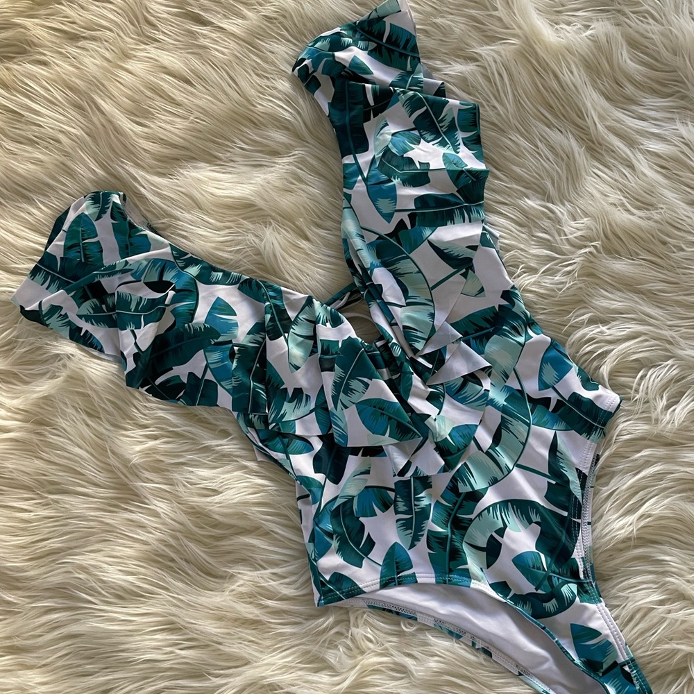 Tropical one piece swimsuit with shelf bra